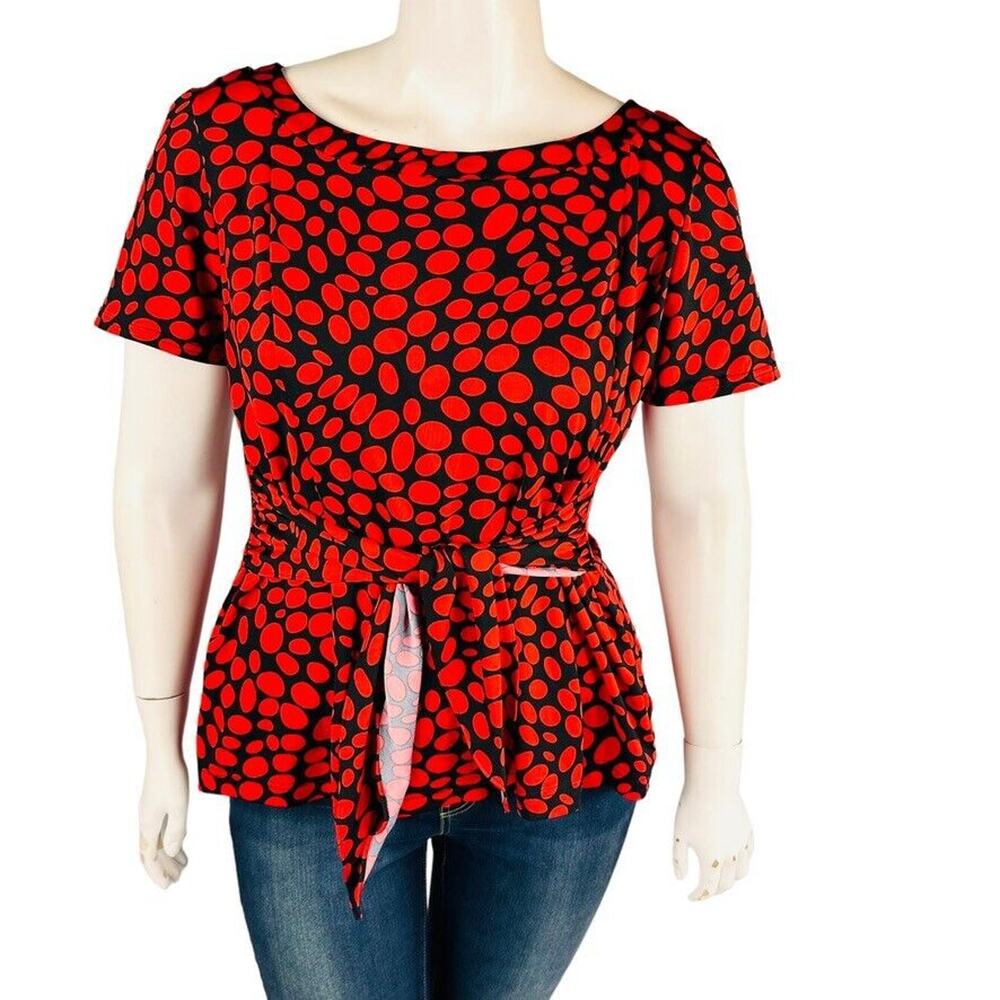 Vtg KSL Womans Sz 20W Blouse Red Polka Dots Tie Front Short Sleeve‎ Stretch